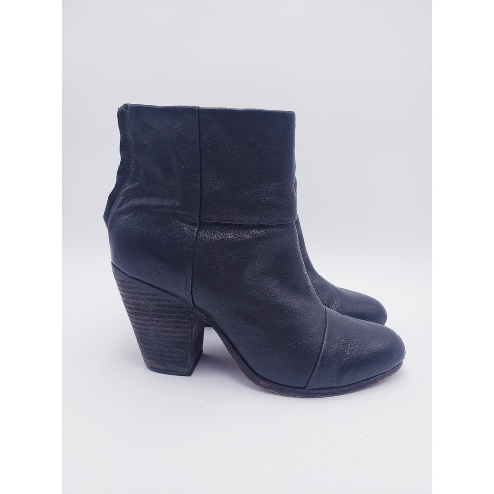 Rag & Bone Newbury Boot Black Leather Ankle Boot Stacked Heel Size 38 US 8